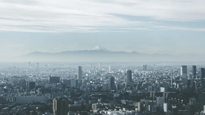 Panoramic view of Tokyo cityscape with Mount Fuji looming in the background, under cloudy skies.