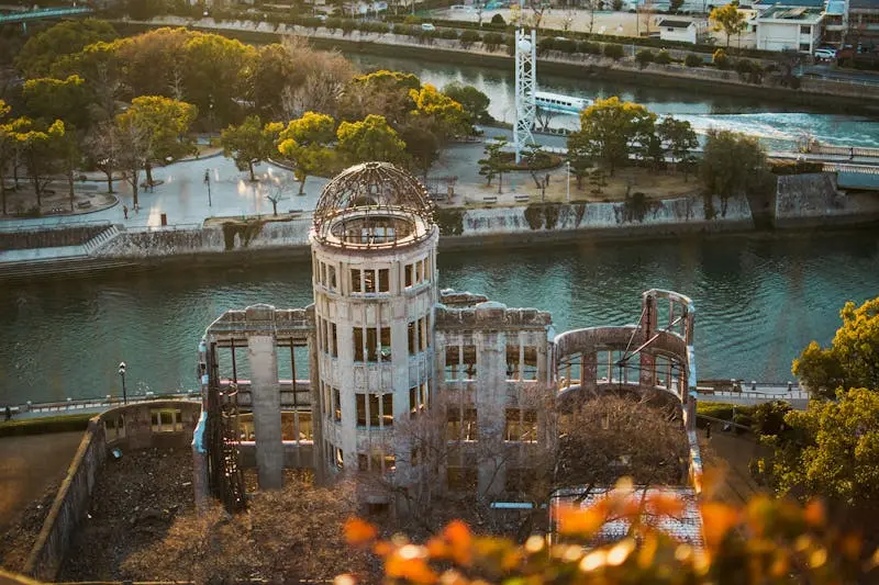 Stunning aerial capture of Hiroshima Peace Memorial Dome, a UNESCO World Heritage Site.