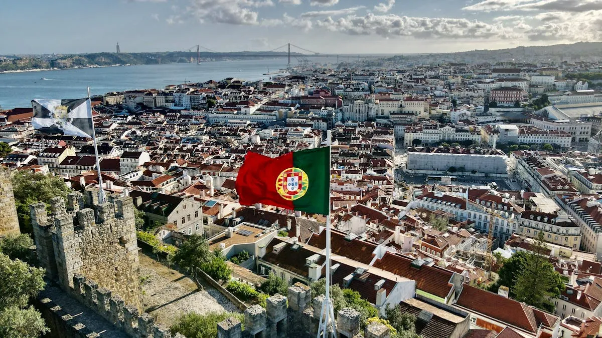 Stunning aerial view of Lisbon cityscape from Saint George's Castle on a sunny day.