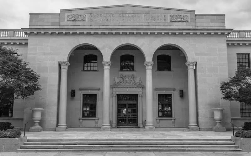 Black and white exterior view of Angeline Elizabeth Kirby Memorial Health Center in Wilkes-Barre, Pennsylvania.