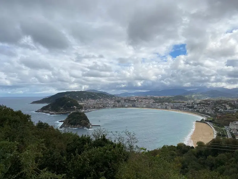 Breathtaking aerial view of the famous La Concha Bay, San Sebastian, showcasing the coastline and cityscape under a cloudy sky.