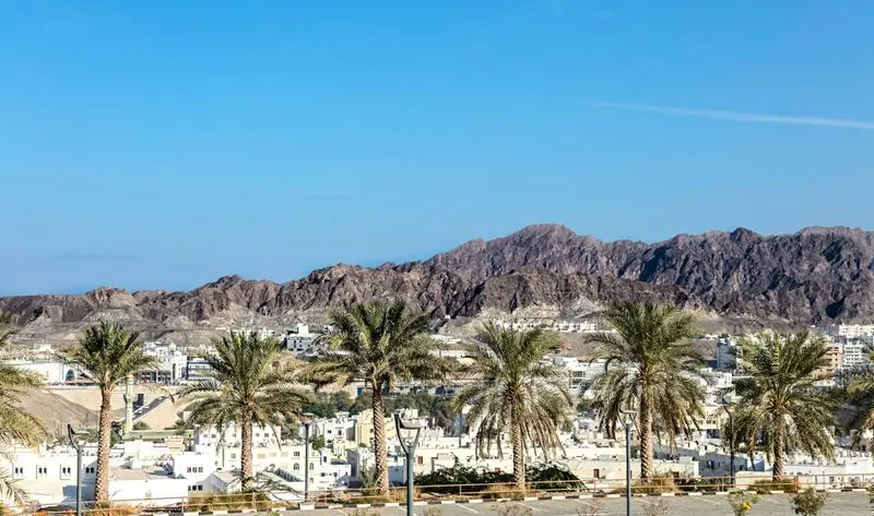 Desert mountains and palm trees under a vibrant blue sky.