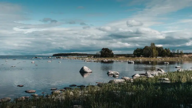 Picturesque view of rocky shoreline at Lahemaa National Park in Estonia on a cloudy day.