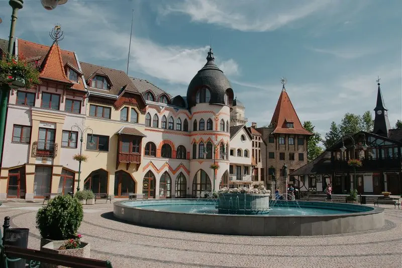 Scenic view of charming architecture and fountain in Komárno, Slovakia. Perfect for travel enthusiasts.