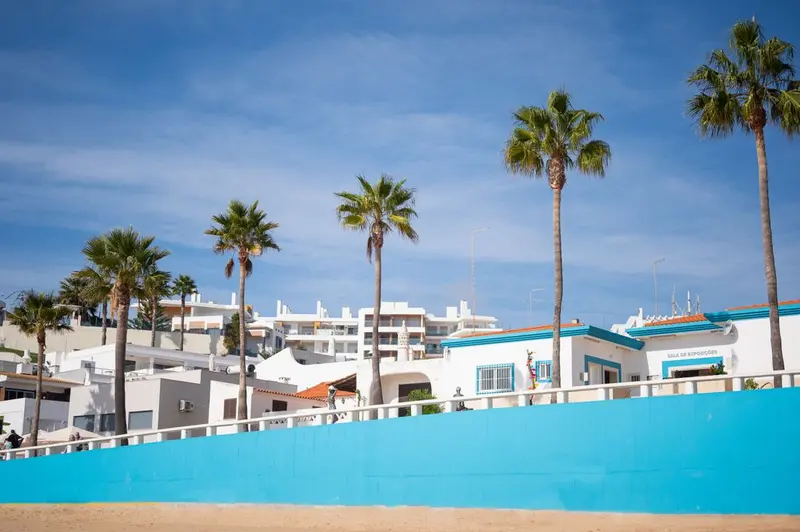 Bright Albufeira beachfront with charming houses and tall palm trees under a clear blue sky.